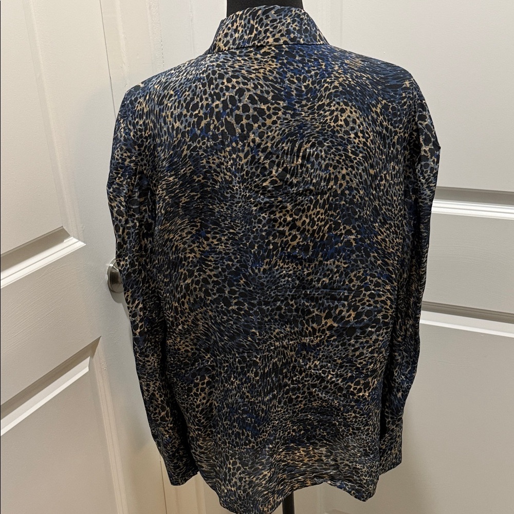 Kobi Halperin Navy and Tan Animal Print Button-Down Blouse - Picture 3 of 5